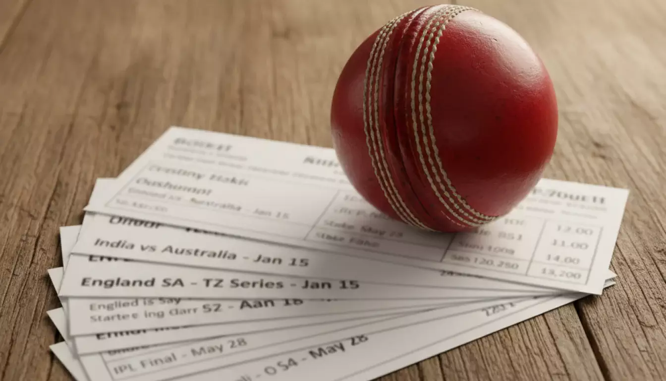 Meerdere cricket wedstrijdtickets gestapeld op een tafel symboliseren combi weddenschappen