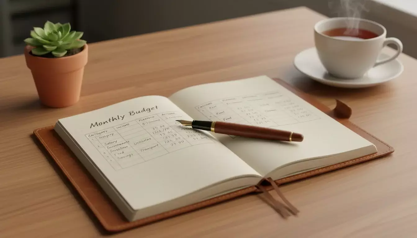 Notitieboek met een eenvoudig budgetplan en pen op een houten bureau voor cricket wedden bankroll