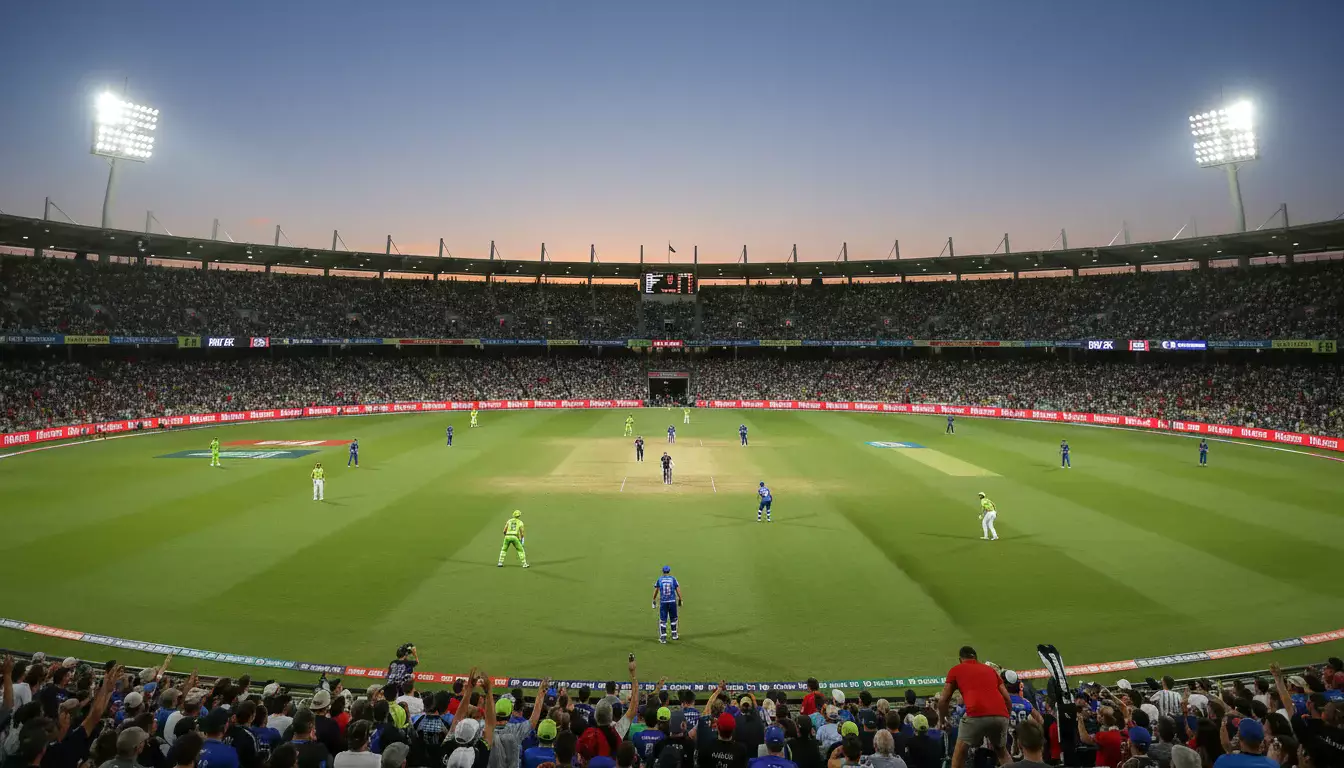 Australisch cricketstadion tijdens een Big Bash League avondwedstrijd met felle verlichting