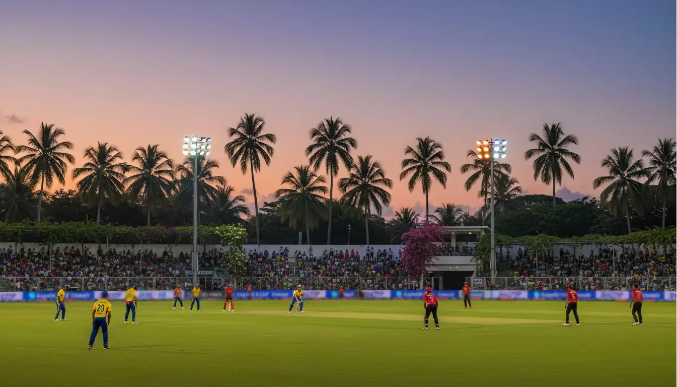 Tropisch cricketstadion in het Caribisch gebied tijdens een avondwedstrijd met palmbomen