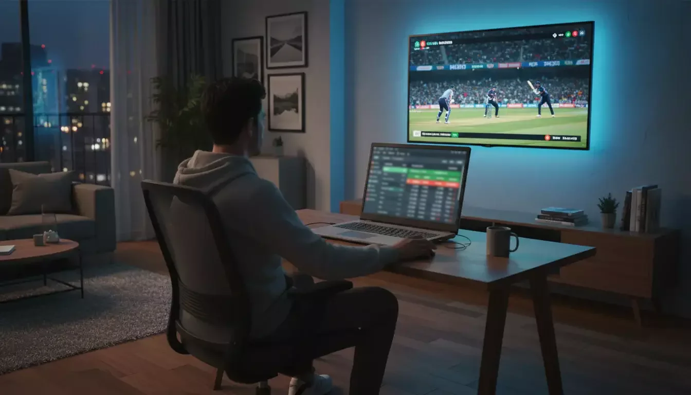 Persoon kijkt een cricket livestream op een groot scherm terwijl een laptop wedden odds toont