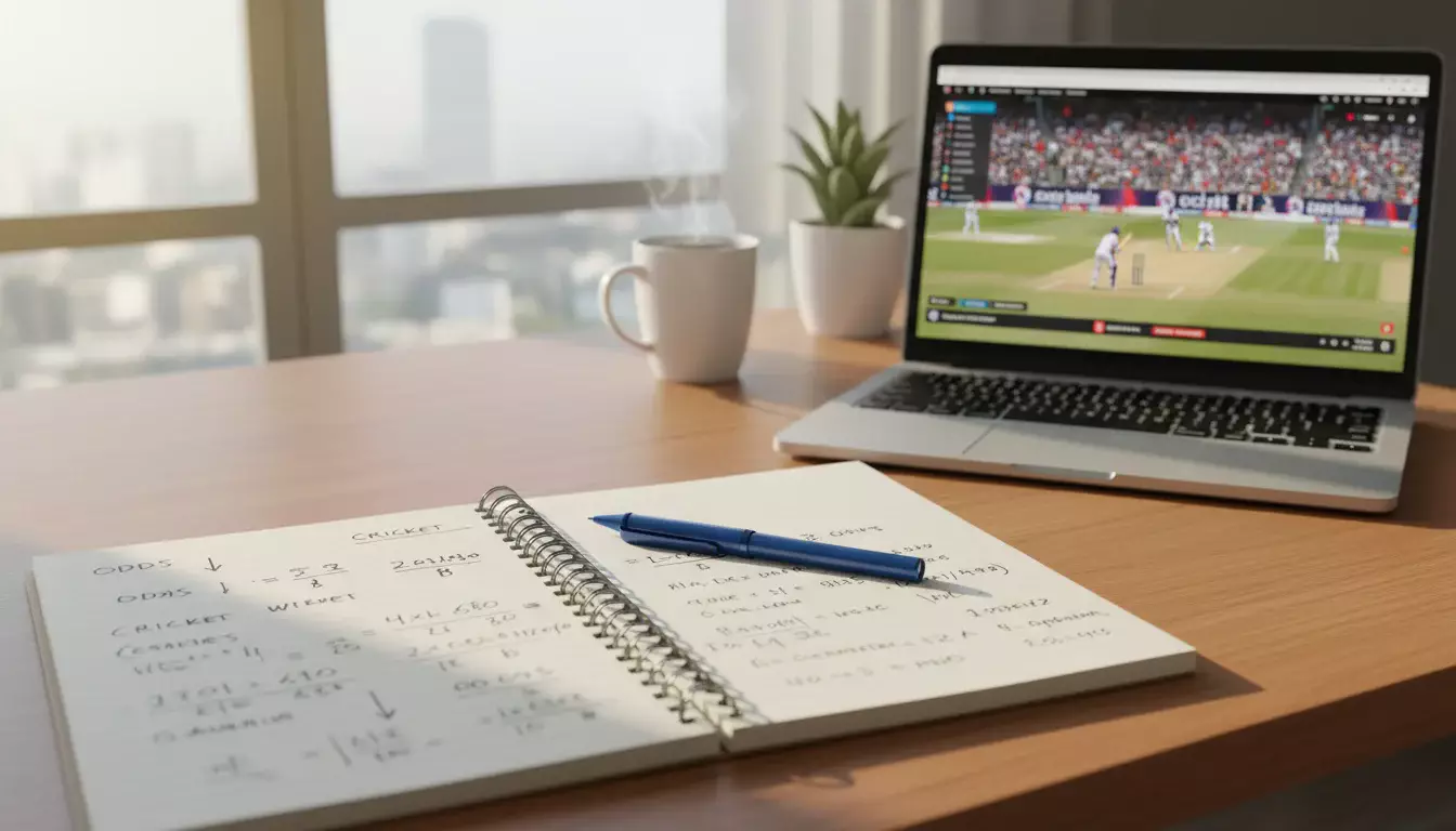 Notitieboek met cricket odds berekeningen naast een laptop die een cricket wedstrijd toont