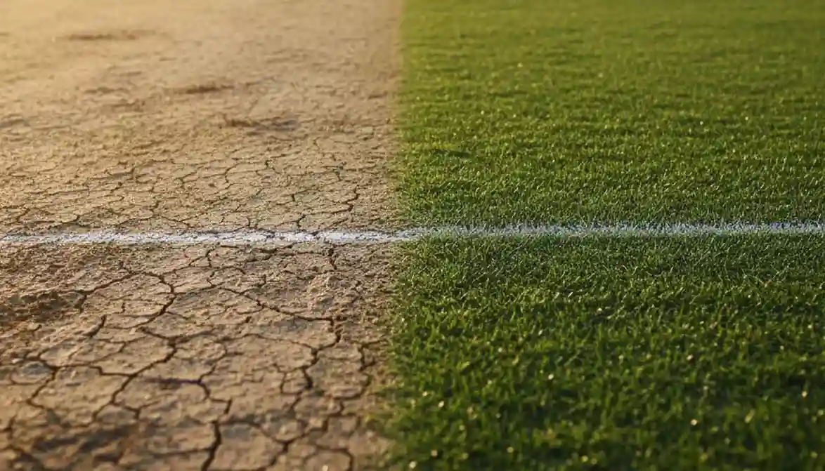 Close-up van een droge cricket pitch met scheuren naast een groen grasgedeelte van het veld