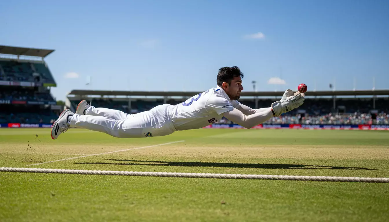 Cricketspeler wordt gevangen door een fielder als spectaculaire vangst tijdens een wedstrijd