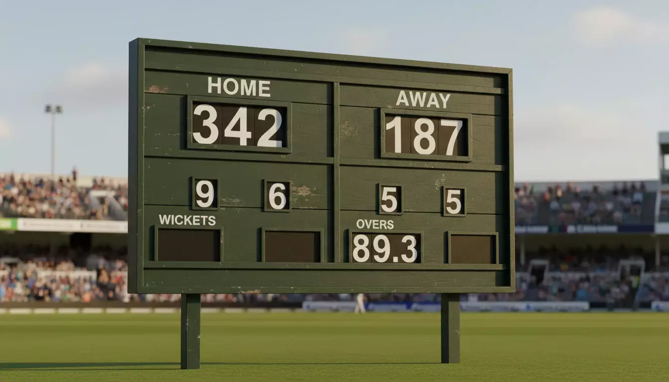 Groot cricket scorebord op een cricketstadion dat runs en wickets toont tijdens een wedstrijd