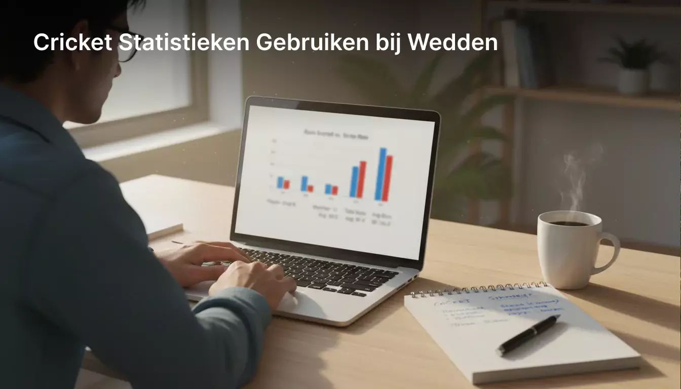 Persoon bestudeert cricket statistieken op een laptop met notities en grafieken op het bureau