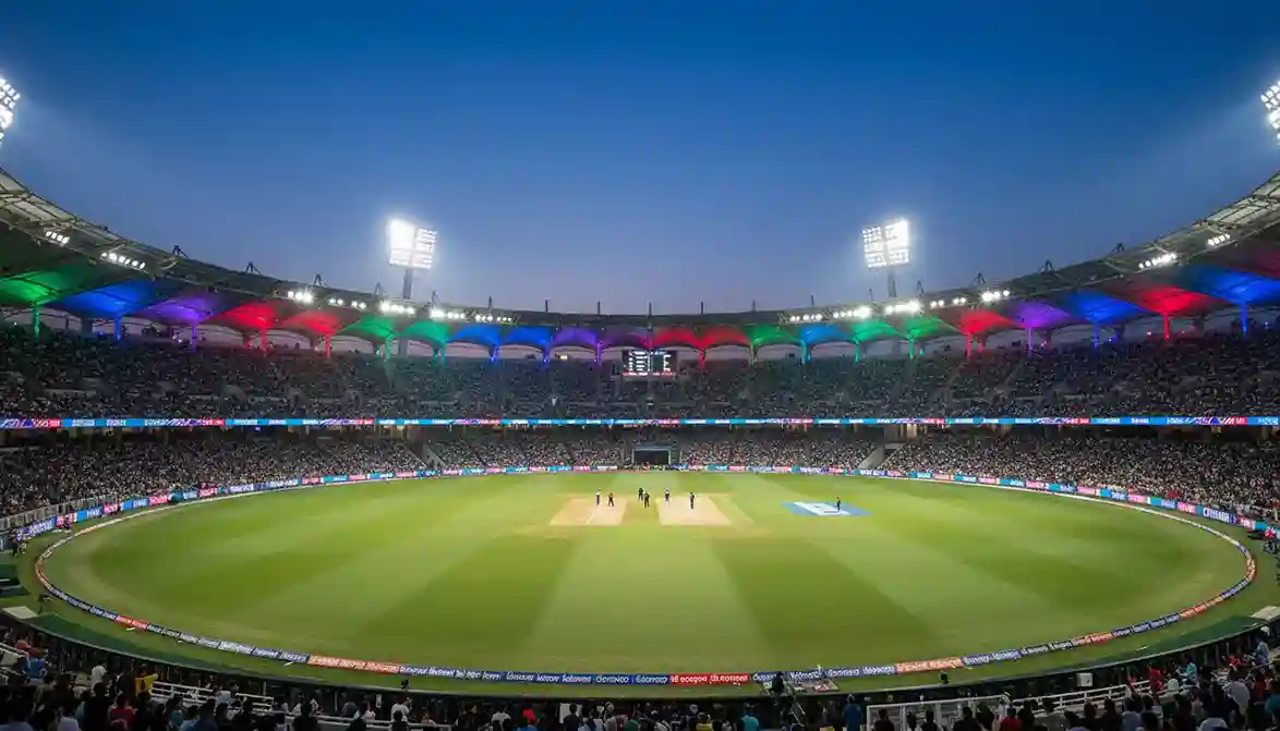 T20 cricket wedstrijd in verlicht stadion - snelle actie en hoge scores