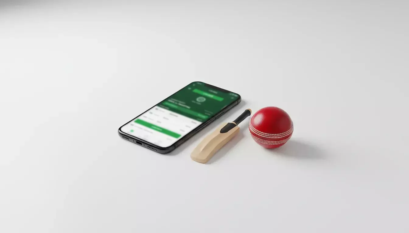 Smartphone met cricket wedden app op het scherm naast een cricket bat en bal