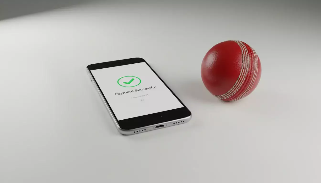 Smartphone met een betaaloverzicht naast een cricket bal op een bureau