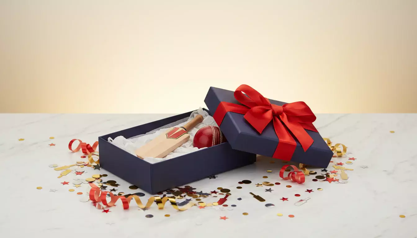 Feestelijke gift box met een cricket bat en bal als symbool voor wedden bonussen en promoties