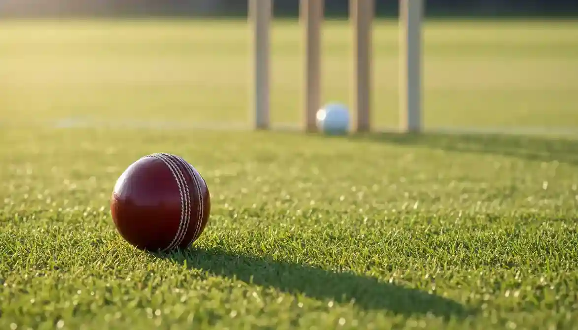 Cricketbal op groene pitch met wickets op de achtergrond - cricket wedden Nederland