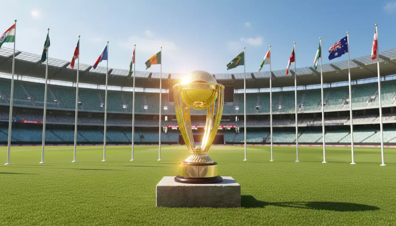 Cricket World Cup trofee op een groen veld met stadion en vlaggen op de achtergrond