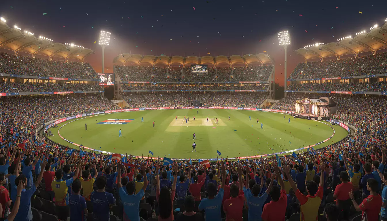 Kleurrijk verlicht cricketstadion tijdens een IPL avondwedstrijd met volle tribunes