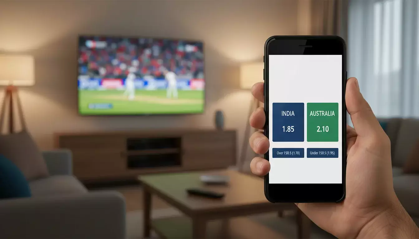 Persoon volgt een live cricket wedstrijd op een smartphone met wedden-app naast een televisiescherm