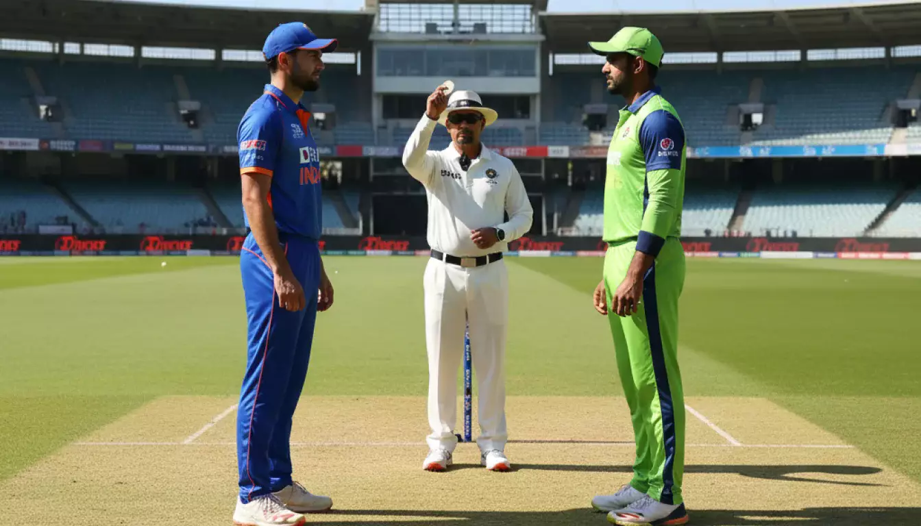 Twee cricket teams staan klaar voor de toss op het midden van een cricketveld