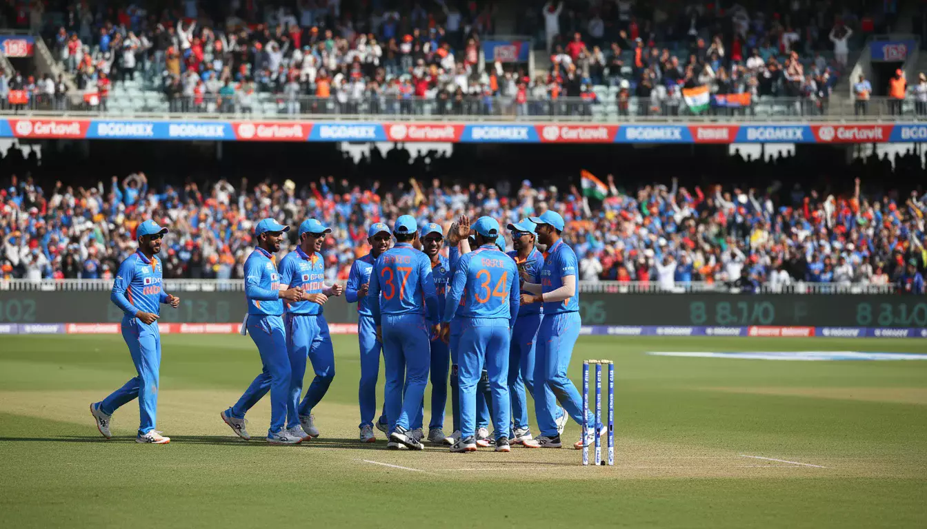 Cricketteam viert een wicket tijdens een ODI wedstrijd in een vol cricketstadion