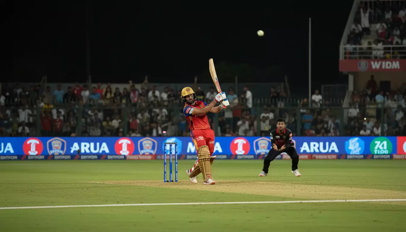 Cricketspeler slaat een six tijdens een T20 cricket wedstrijd onder stadionverlichting