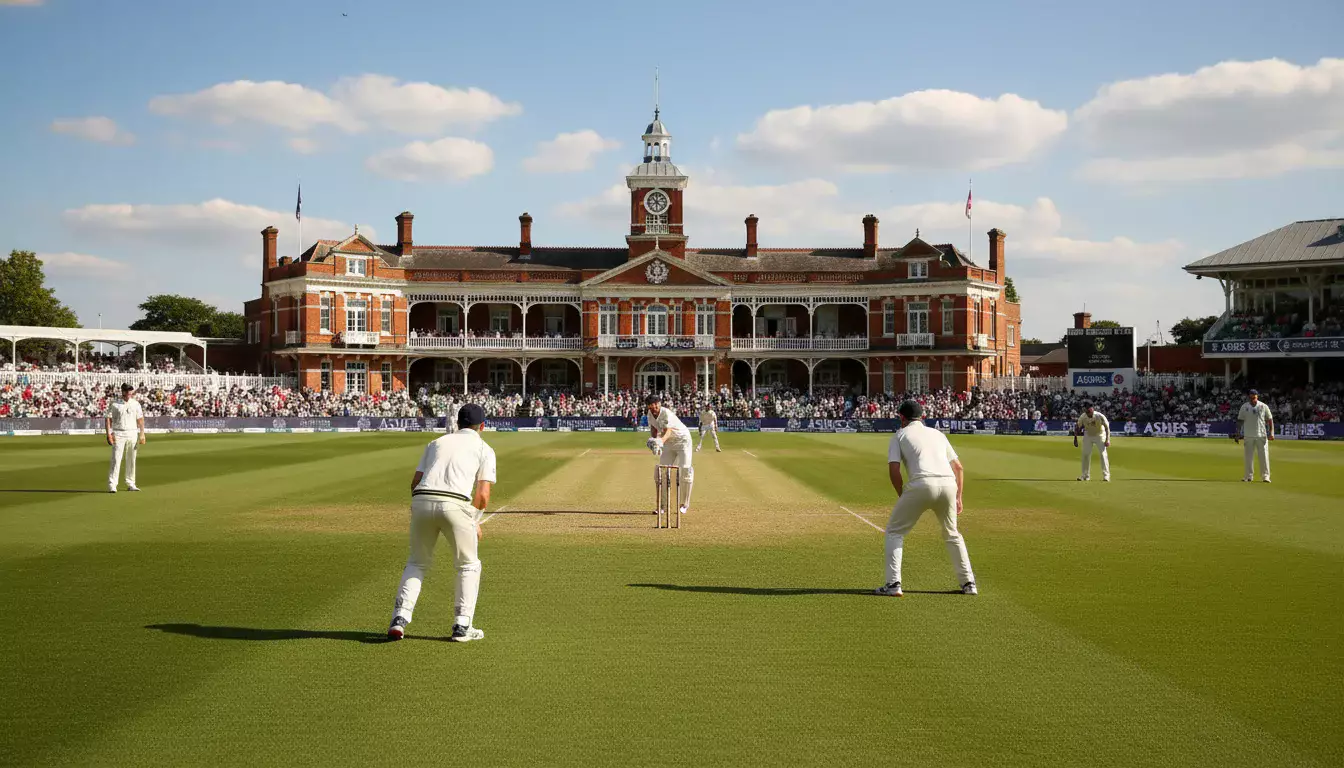 Historisch cricketveld met Engelse en Australische cricketspelers tijdens een Ashes test match