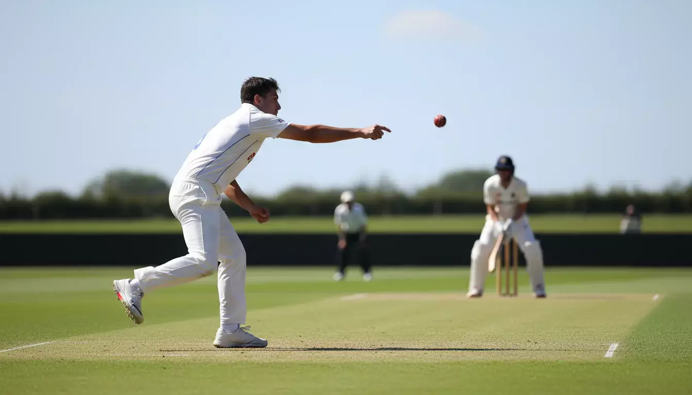 Cricketbowler gooit de bal richting de batsman op een groen cricketveld tijdens een wedstrijd