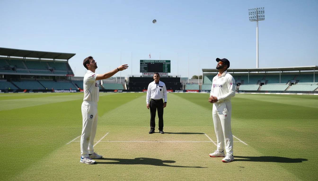 Cricket captain gooit een munt op tijdens de toss ceremonie op het midden van het cricketveld