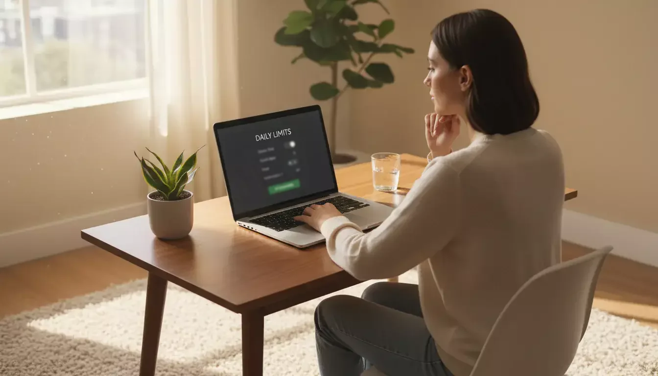 Persoon zet bewust een limiet in op een laptop als symbool voor verantwoord gokken