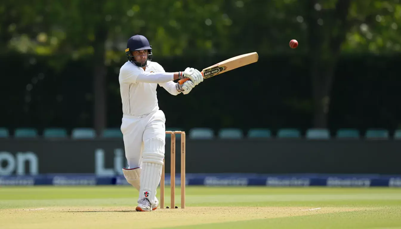 Cricketspeler slaat de bal weg op een groen cricketveld met wickets op de achtergrond